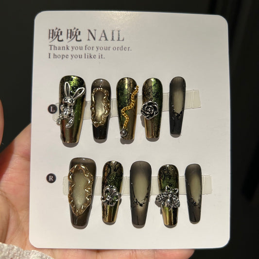 Handmade Moss Green Metallic Long Coffin Press On Nails with Silver Bunny, Bee & Rose Charms, Crackle Texture, Gold Frame Decor