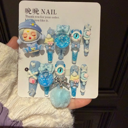 Handmade Kawaii Blue 3D Doll Press On Nails, Long Stiletto Pop Mart Inspired False Nails, Glitter Bow Pom Pom Reusable Fake Nails For Cosplay Party