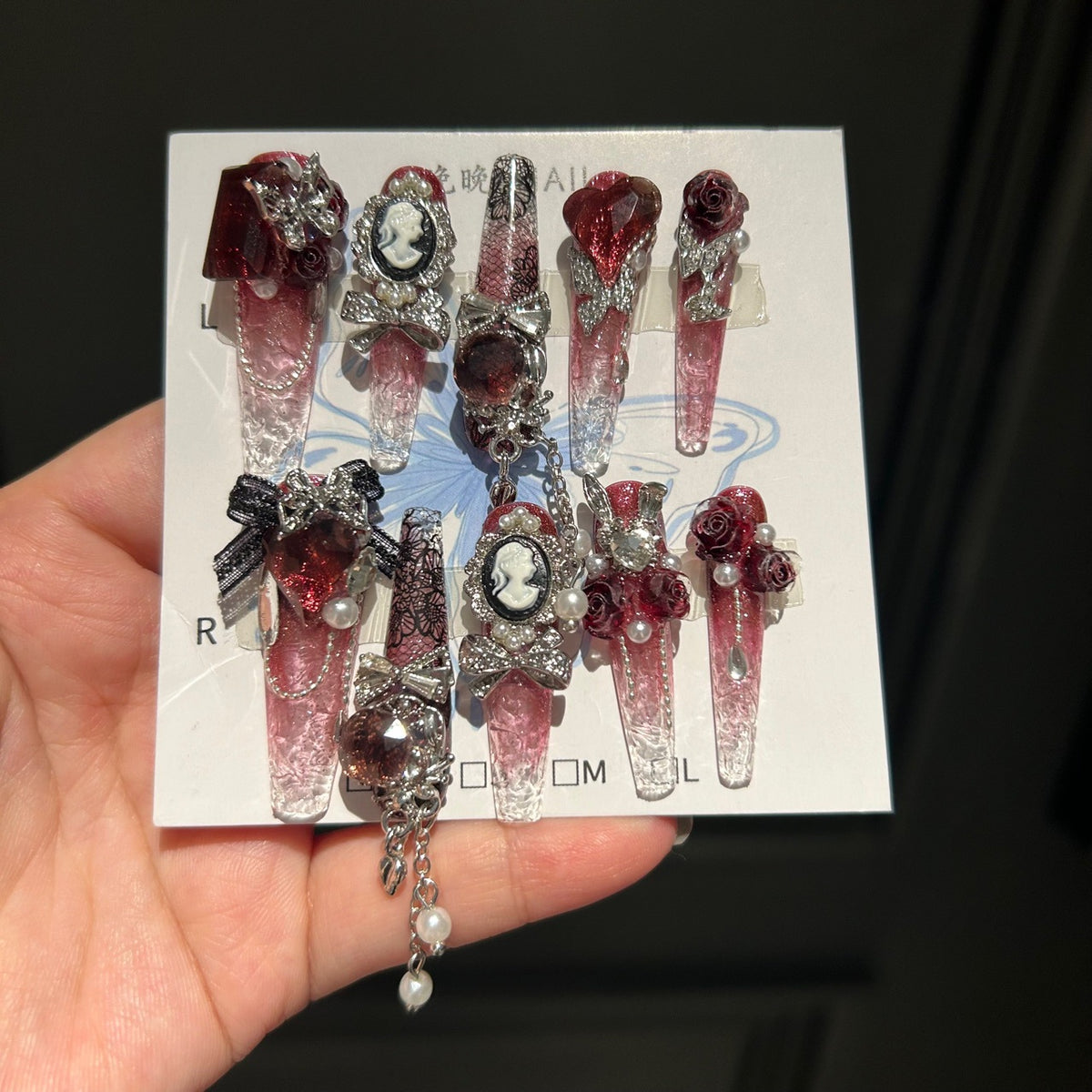 Handmade Red Gradient Clear Long Stiletto Press On Nails with Vintage Cameo Charms, 3D Red Roses, Lace Details, Red Heart Crystals & Dangling Chains