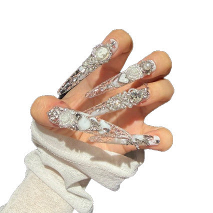 Handmade Clear White Long Stiletto Press On Nails with Vintage Cameo Frames, 3D White Roses, Rhinestone Crowns, Pearls & Dangling Silver Chains