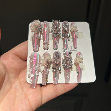 Handmade Pink Aurora Long Coffin Press On Nails, 3D White Rose False Nails with Large Pink Gems, Pearls & Silver Rhinestones