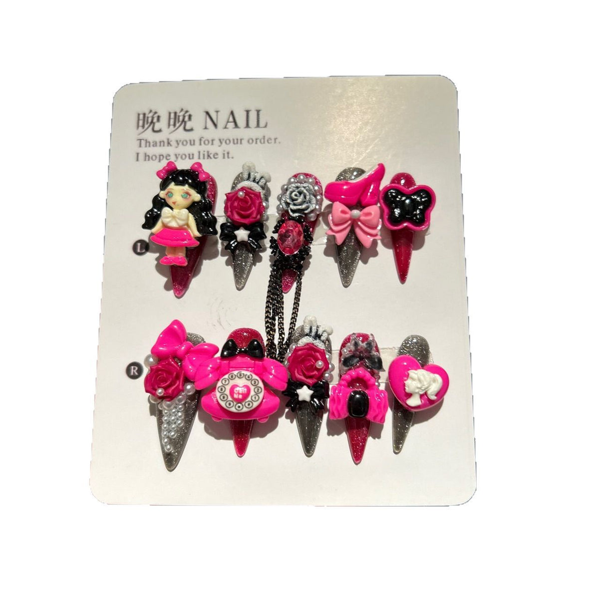 Black & Pink Cat Eye Stiletto Press-on Nails with 3D Anime Doll, Retro Telephone, Rose Flower, High Heels, and Interlinked Chain - Y2K Kawaii Fake Nail Set