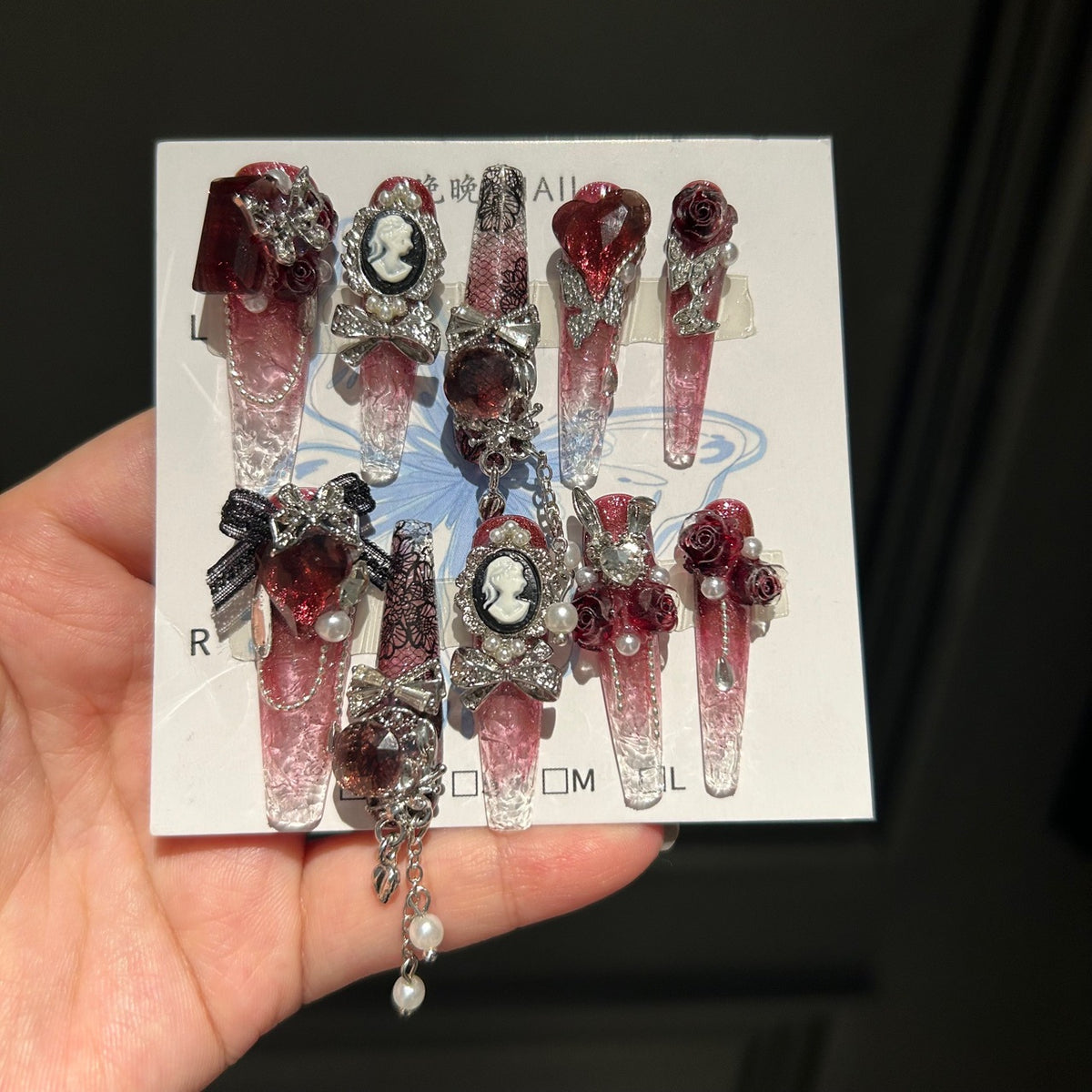 Handmade Red Gradient Clear Long Stiletto Press On Nails with Vintage Cameo Charms, 3D Red Roses, Lace Details, Red Heart Crystals & Dangling Chains