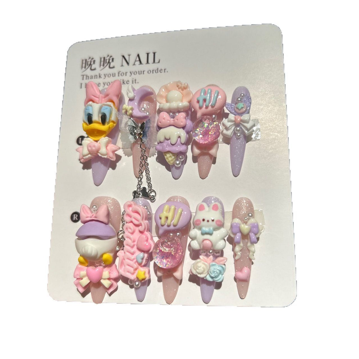 Pastel Purple & Pink Stiletto Press-on Nails with 3D Daisy Duck, Cute Bunny, Ice Cream, Speech Bubble, and Interlinked Chain - Y2K Kawaii Fake Nail Set