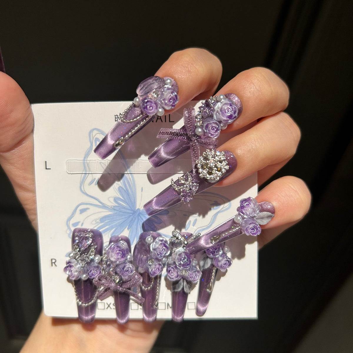 Handmade Purple Cat Eye Press On Nails, Long Coffin Fairy False Nails with 3D Purple Roses, Pearls, Rhinestones & Dangling Chains, Reusable Fake Nails for Wedding Party