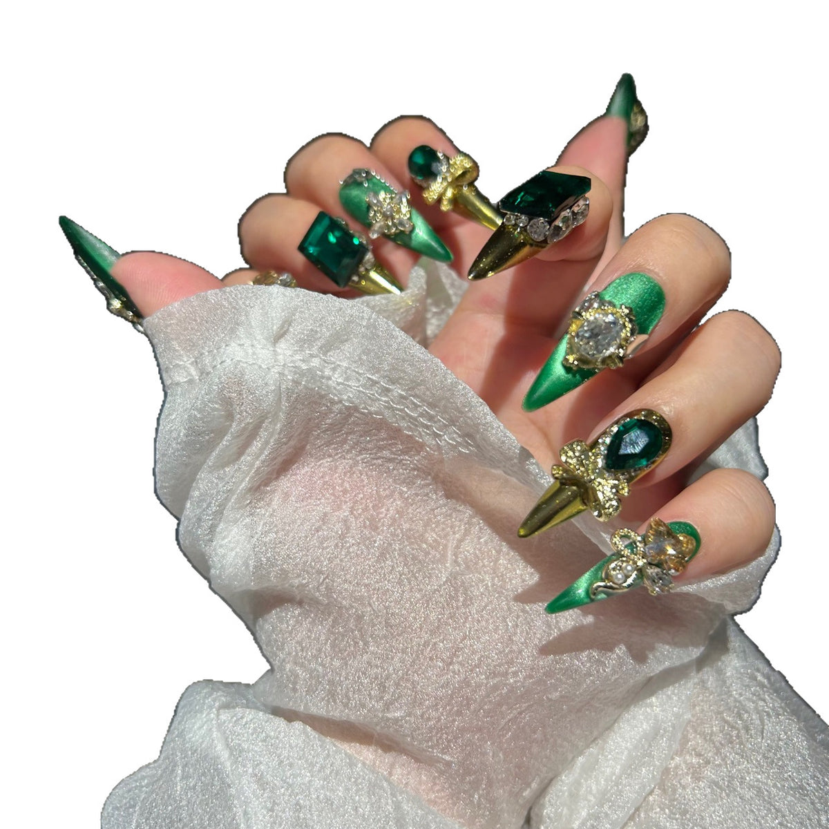 Handmade Emerald Green Metallic Long Stiletto Press On Nails with Giant Emerald Crystals, Gold Bow & Rhinestone Ornaments
