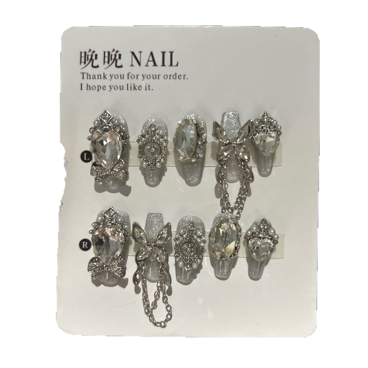 Handmade Silver Glitter Long Coffin Press On Nails with Giant Crystals, Rhinestone Bows & Dangling Chain Charms
