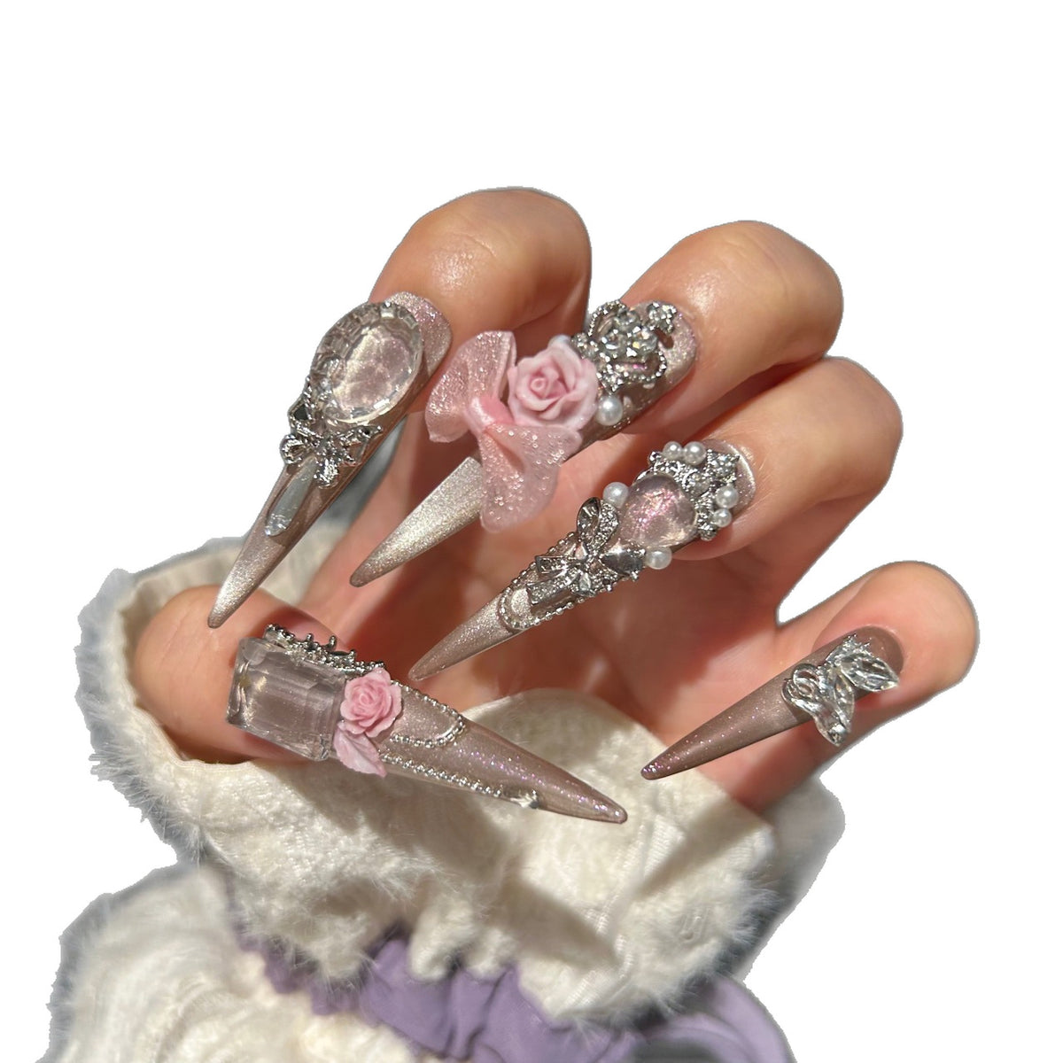 Champagne Nude Cat Eye Stiletto Press-on Nails with 3D Pink Rose, Sheer Bow, Crown, Crystal Frame, and Draping Charm - Luxury Glam Fake Nail Set