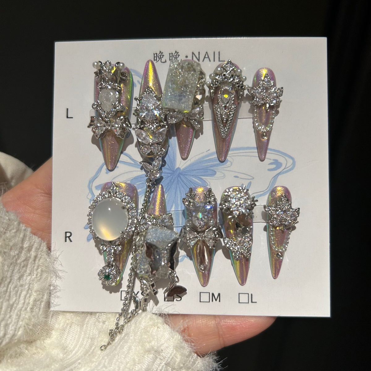 Handmade Iridescent Aurora Long Stiletto Press On Nails with Opal Gem Accents, Silver Rhinestone Bow & Star Charms, Pearls & Long Dangling Chains