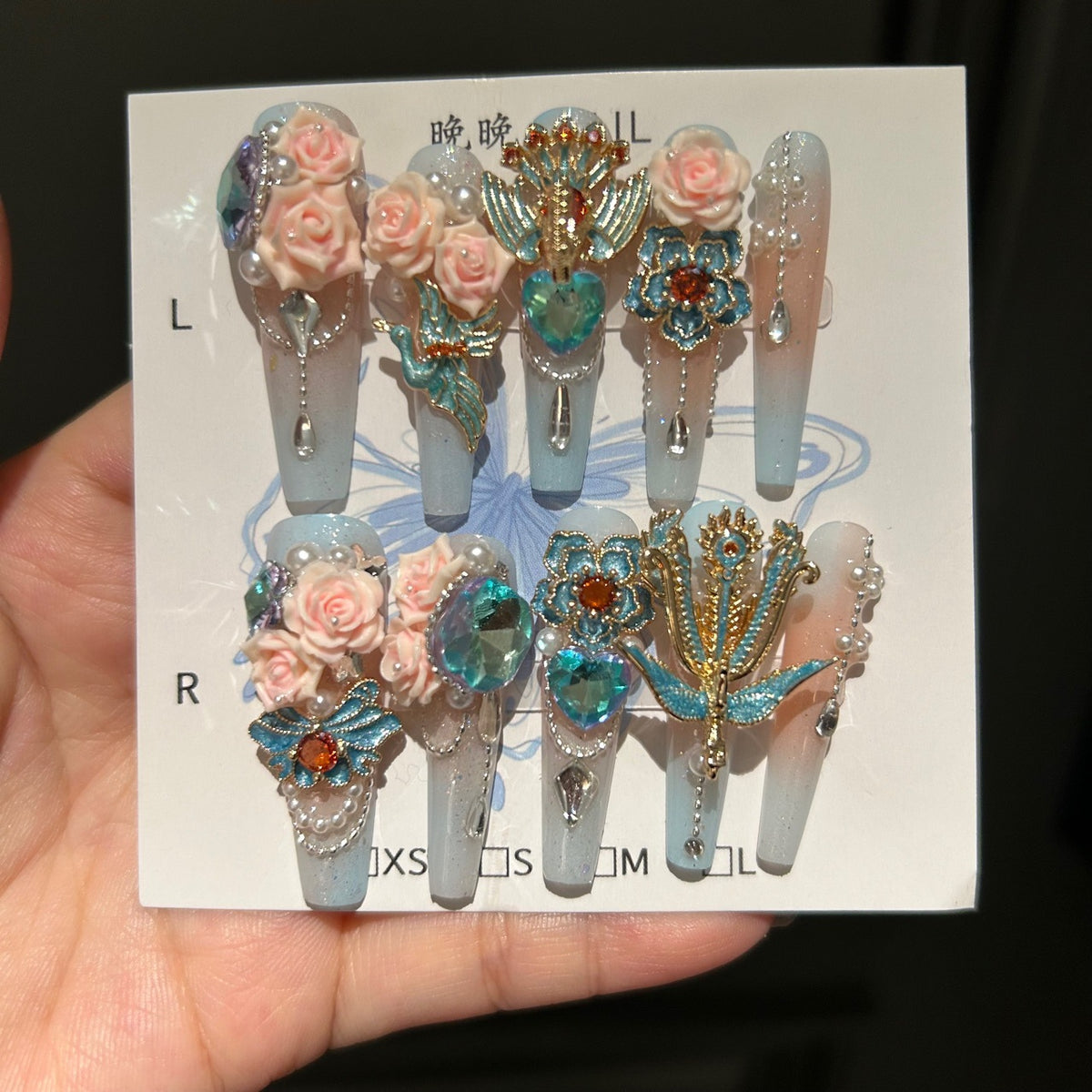 Blue and Gold Gradient Coffin Press-on Nails with 3D Pink Rose, Enamel Peacock Charms, and Hanging Pearl Drops - Oriental Glam Fake Nail Set