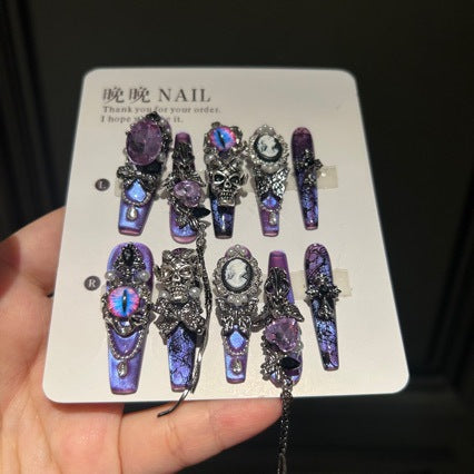 Handcrafted Luxury Purple Gothic Press-on Nails - Baroque Style Cameo, Pearl, and Evil Eye Charms - Exquisite Nail Art Kit