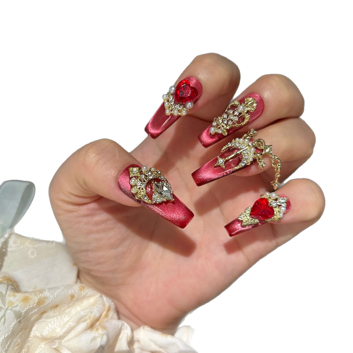 Handmade Red Cat Eye Long Coffin Press On Nails with Red Heart Crystals, Gold Frames & Dangling Gold Chain Charms