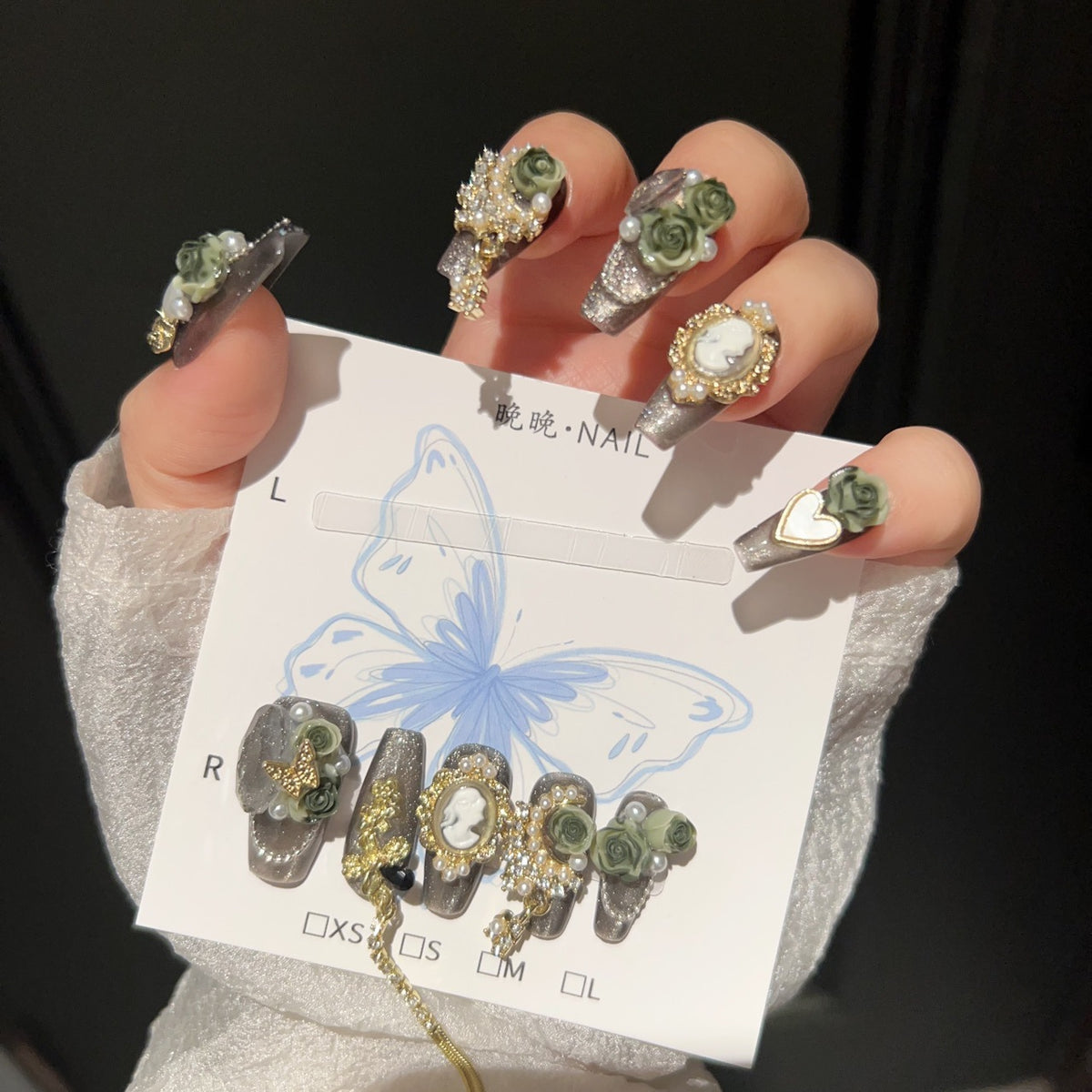 Handmade Vintage Dark Grey Glitter Long Coffin Press On Nails with 3D Olive Green Roses, Cameo Portrait Charms, Gold Metal Ornaments, Pearls & Dangling Tassels