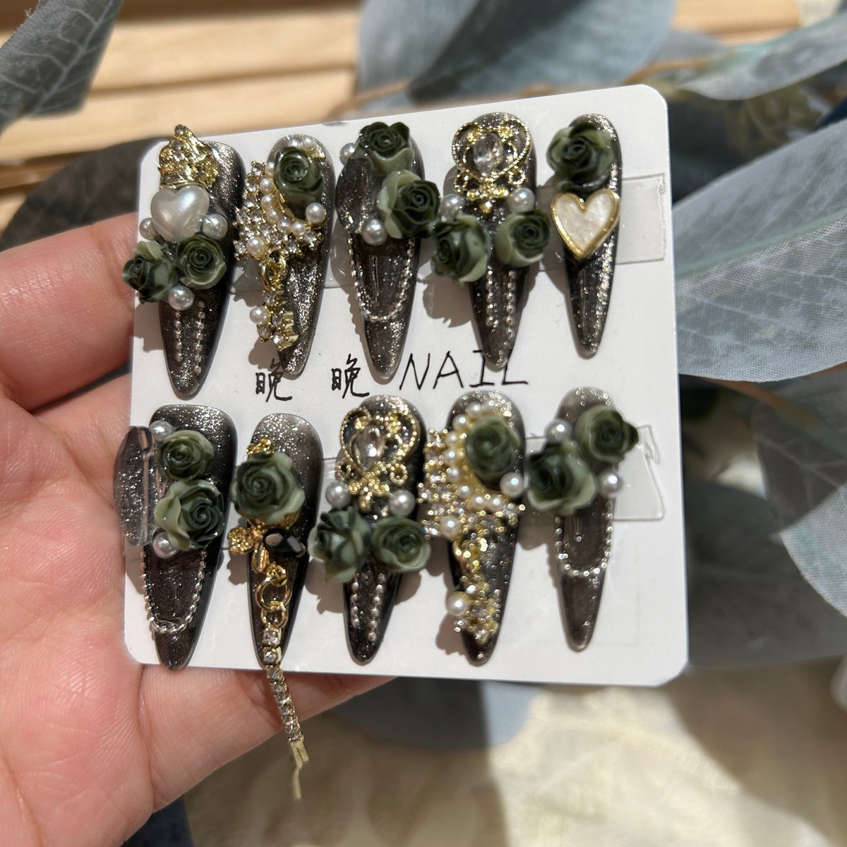 Handmade Dark Smoky Glitter Long Stiletto Press On Nails with 3D Olive Green Roses, Gold Filigree Charms, Pearls & Dangling Tassels