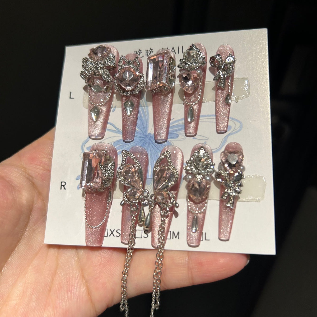 Handmade Pink Glitter Butterfly Crystal Long Coffin Press On Nails with Rhinestone Chains
