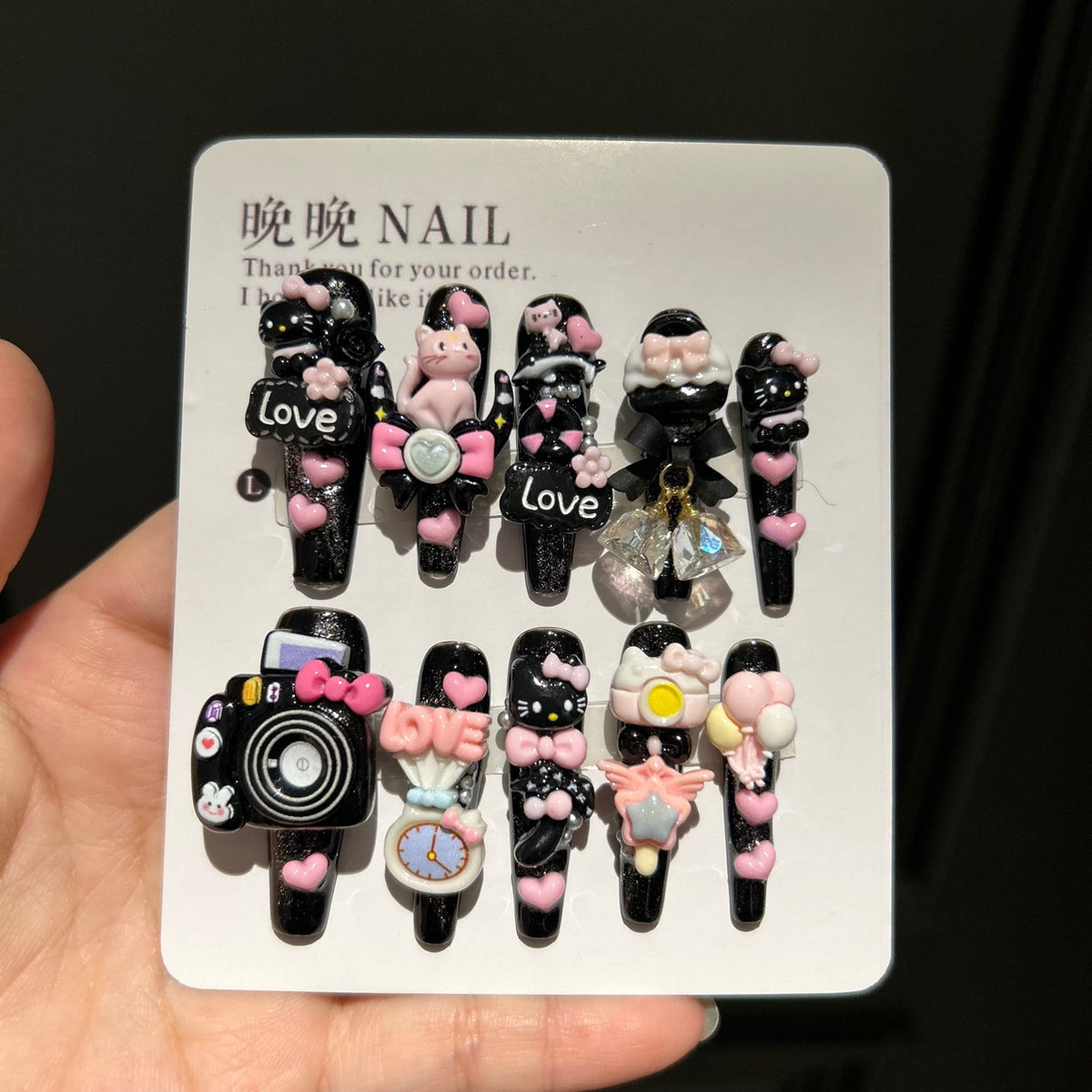 Black & Pink Glitter Coffin Press-on Nails with 3D Hello Kitty, Cute Cat, Camera, Clock, Bow, and Crystal Charms - Y2K Kawaii Fake Nail Set
