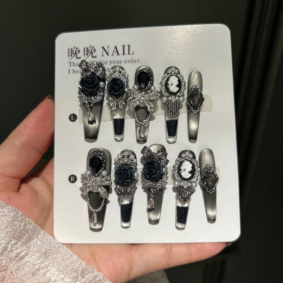 Handmade Gunmetal Metallic Long Coffin Press On Nails with Black Roses, Vintage Cameo & Rhinestone Bow Charms