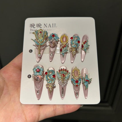 Handmade Pastel Pink Chinese Style Long Stiletto Press On Nails with Turquoise Phoenix Charms, Red Gem Accents, Pearl Clusters & Gold Filigree