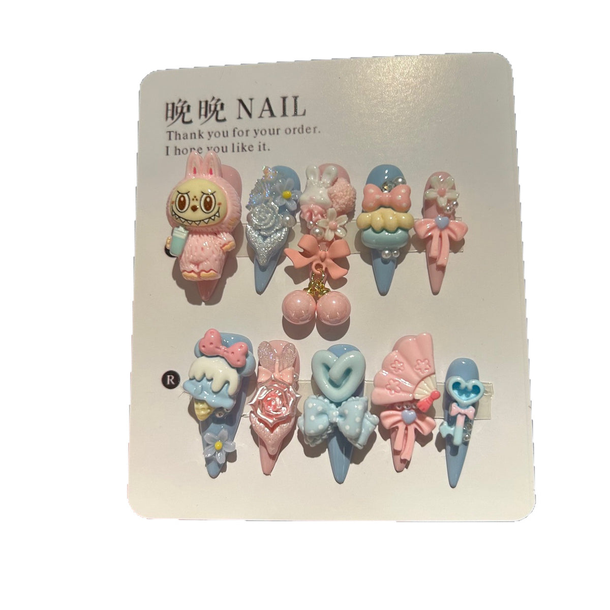 Handmade Cute Pink Blue Labubu Character Long Stiletto Press On Nails with 3D Charms & Bows