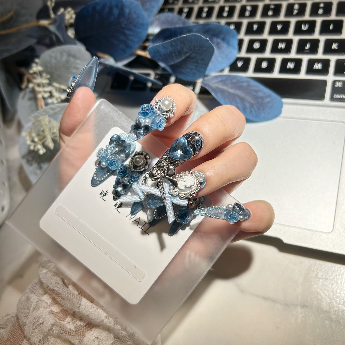 Handmade Sparkly Blue Glitter Long Stiletto Press On Nails with 3D Blue Roses, Vintage Cameo & Blue Heart Crystal Charms