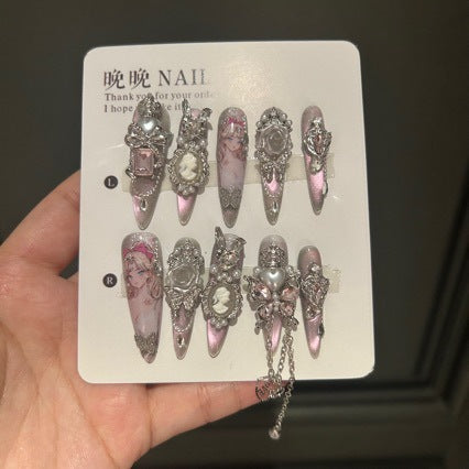 Handmade Pink Cat Eye Cameo Portrait Anime Print Long Stiletto Press On Nails with Silver Rhinestone & Pearl Charms