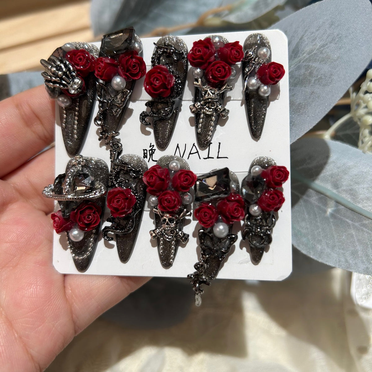 Handmade Black Glitter Gothic Long Stiletto Press On Nails with 3D Red Roses, Skeleton & Saturn Charms