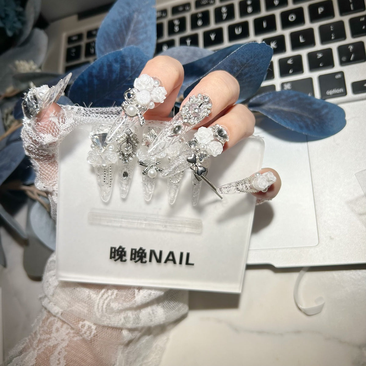 Handmade Clear Glitter White Rose Long Stiletto Press On Nails with Pearls & Silver Rhinestone Charms
