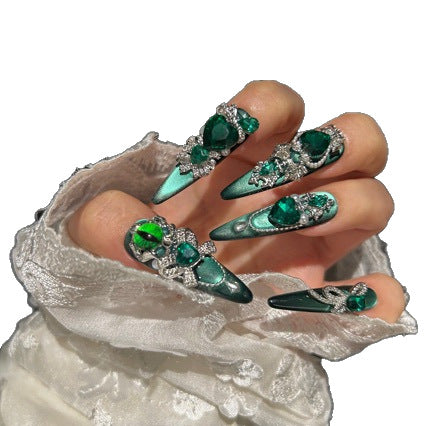 Handmade Emerald Green Cat Eye Long Stiletto Press On Nails with Evil Eye & Large Green Heart Crystal Charms