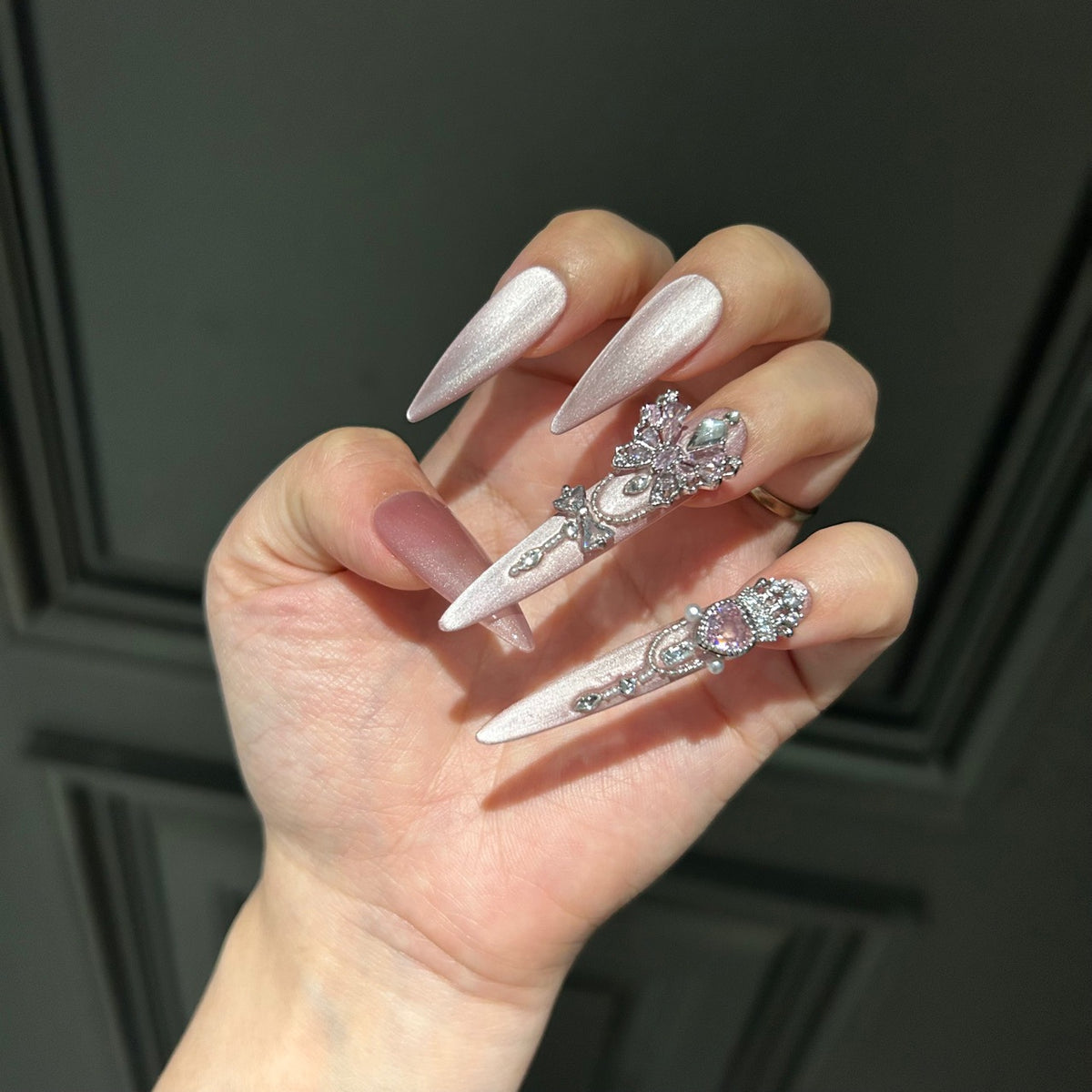 Pink Shimmer Cat Eye Stiletto Press-on Nails with Crystal Butterfly, Heart Crown Gems, and Beaded Chain - Luxury Fairy Fake Nail Set