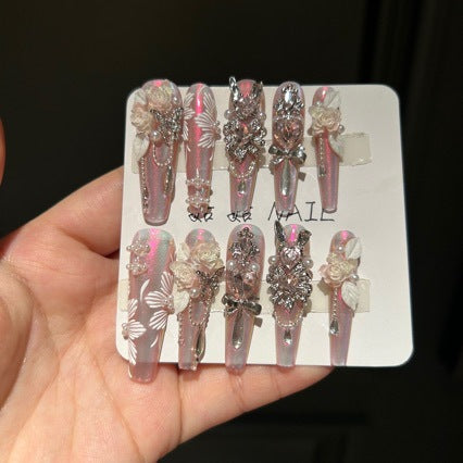 Handmade Pink Aurora Long Coffin Press On Nails, 3D White Rose False Nails with Large Pink Gems, Pearls & Silver Rhinestones