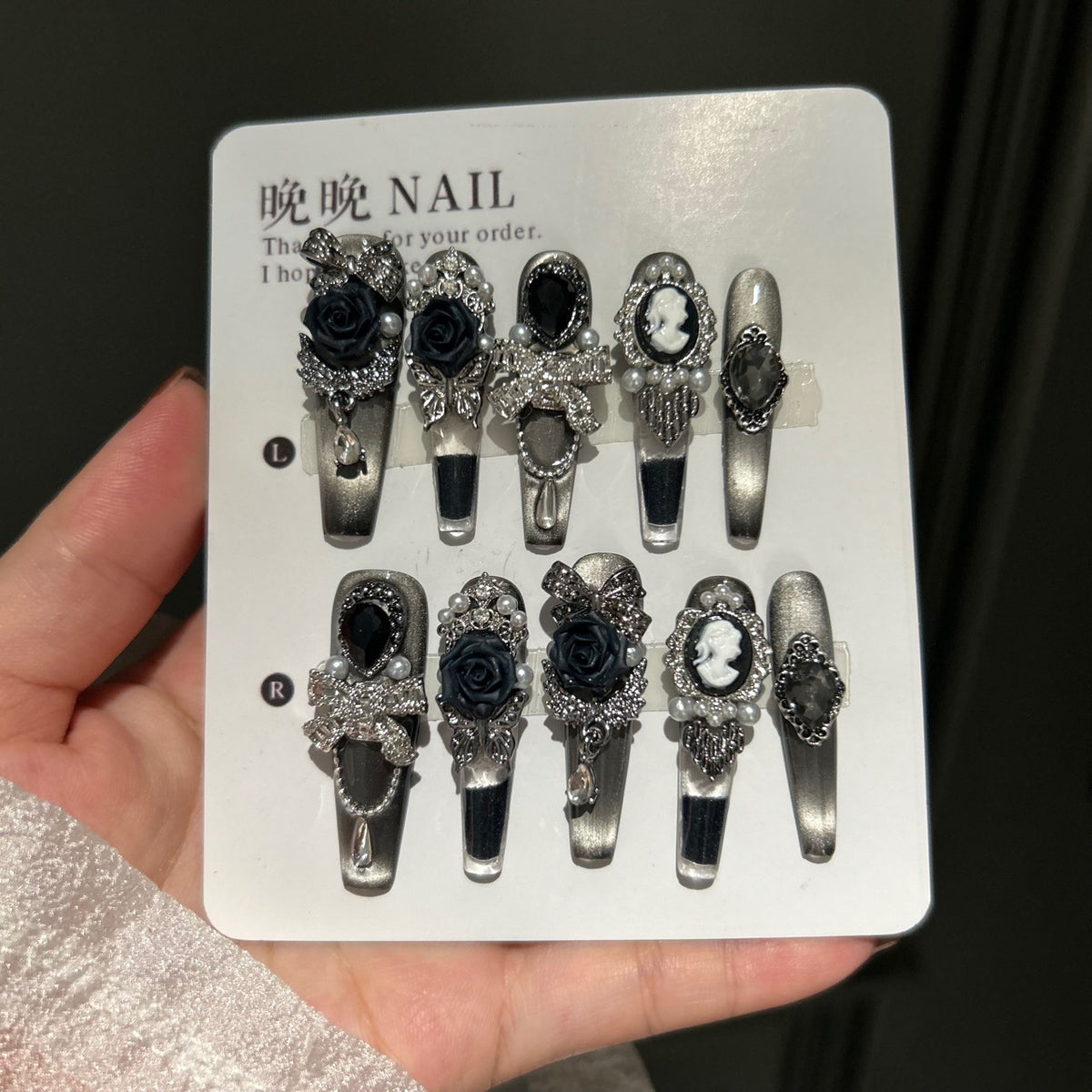 Handmade Gunmetal Metallic Long Coffin Press On Nails with Black Roses, Vintage Cameo & Rhinestone Bow Charms