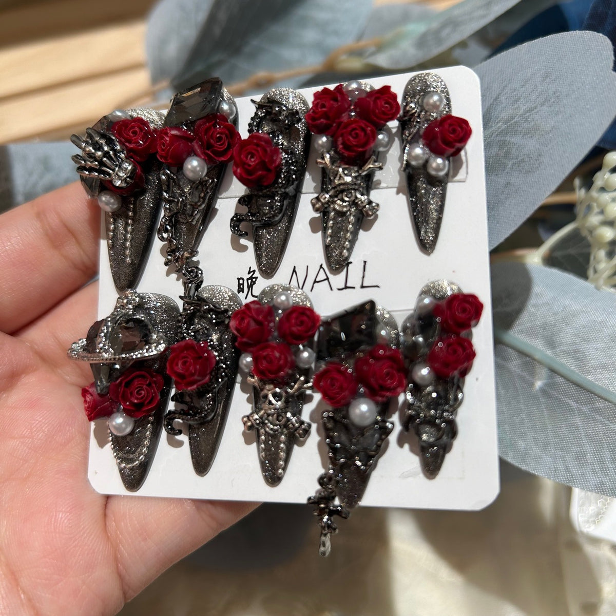Handmade Black Glitter Gothic Long Stiletto Press On Nails with 3D Red Roses, Skeleton & Saturn Charms