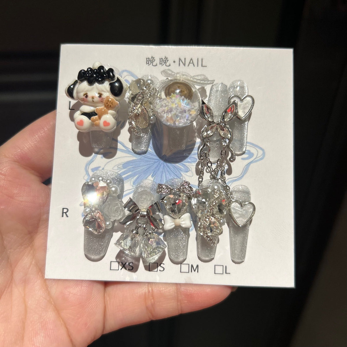 Handcrafted Designer Y2K Press-on Nails - Shimmering Cat Eye Base with Heavy 3D Anime Puppy, Floating Glitter Ball and Rhinestones