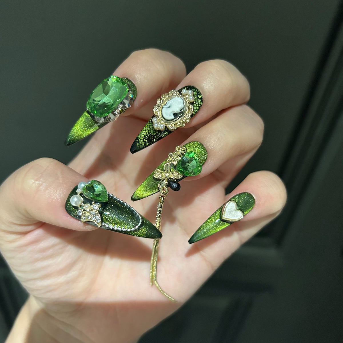Handmade Emerald Green Cat Eye Stiletto Press On Nails with Giant Green Crystals, Vintage Cameo Portrait, Gold Filigree & Pearl Accents