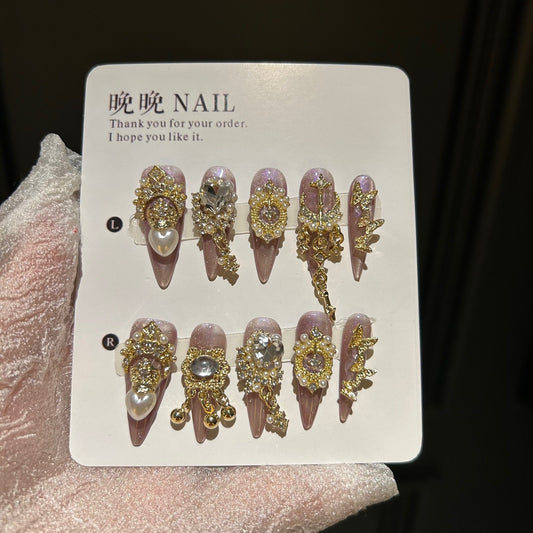 Mauve Purple Cat Eye Stiletto Press-on Nails with Luxury Gold Baroque Crown, Oversized Pearl, Cross, and Draping Chain - Vintage Royal Fake Nail Set