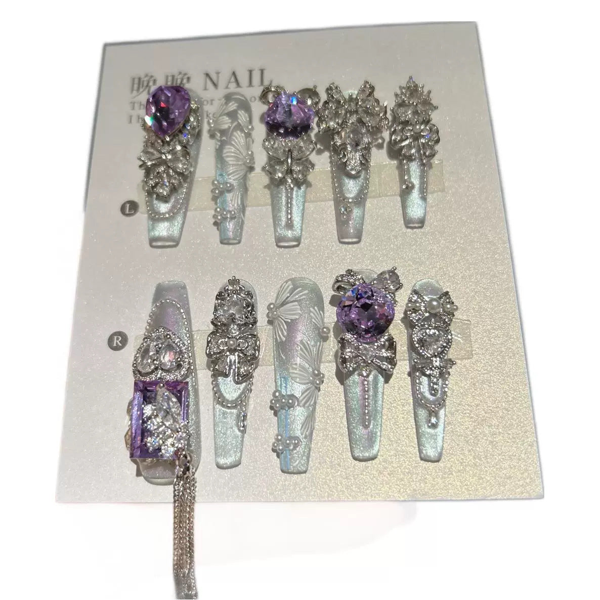 Handmade Mint Green Cat Eye Long Coffin Press On Nails with Giant Purple Heart Crystals, White 3D Butterfly Prints, Silver Rhinestone Bows & Dangling Chains