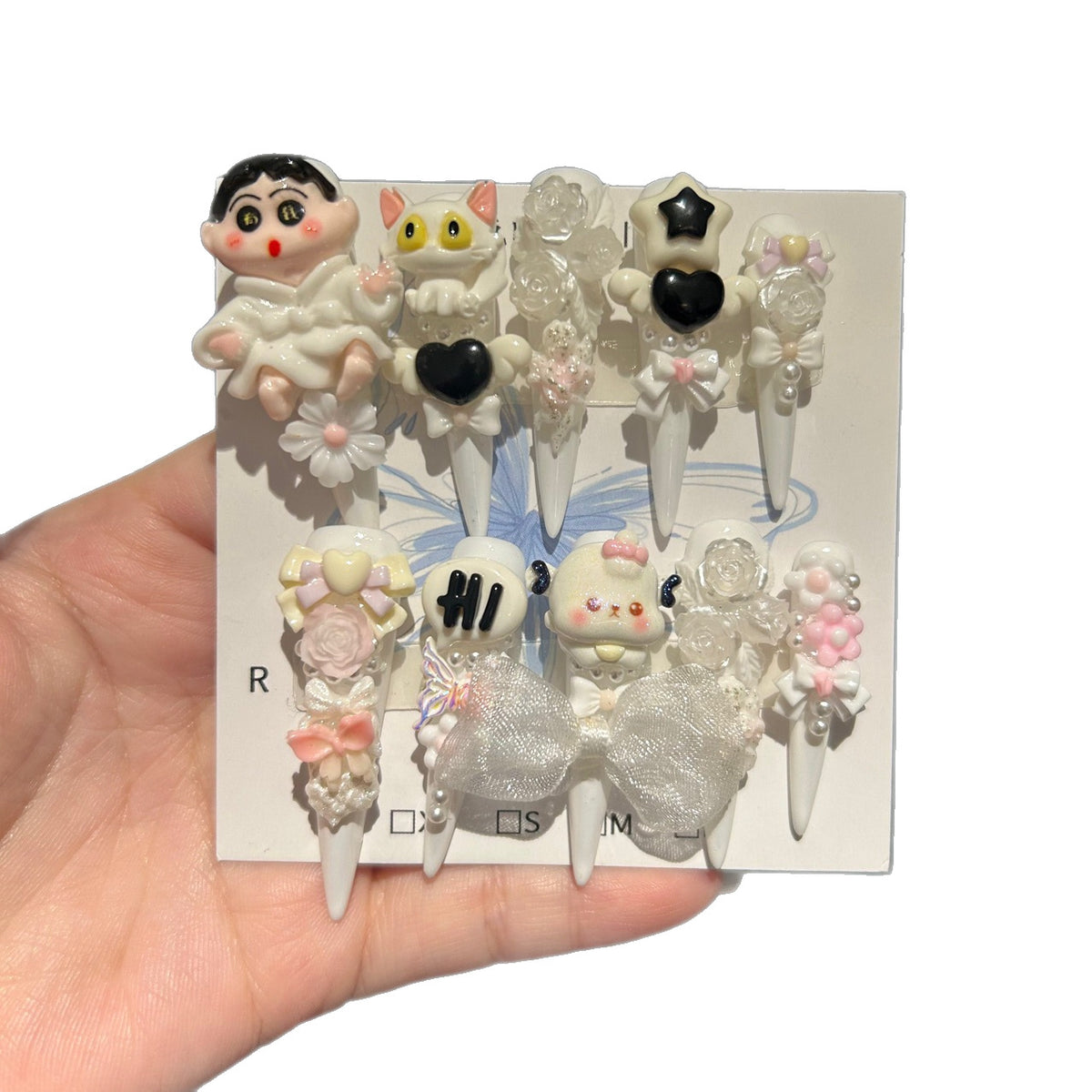 Kawaii Cartoon Anime Stiletto Press-on Nails with 3D Crayon Shin-chan, Cute Cat, Mesh Bowknot, and Trendy Charms - Sweet & Quirky Fake Nail Set