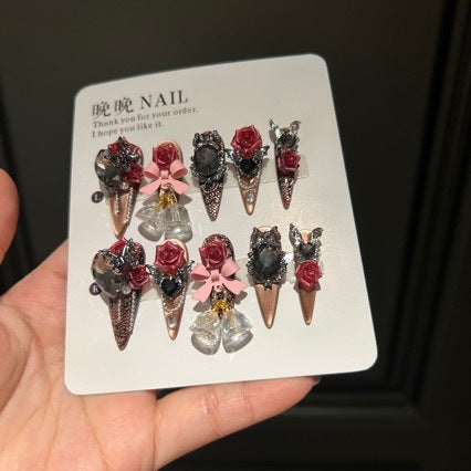 Handmade Brown Cat Eye Press On Nails | Luxury Heavy Industry 3D Red Rose, Pink Bow & Hanging Charms Reusable Fake Nails, Goth Art