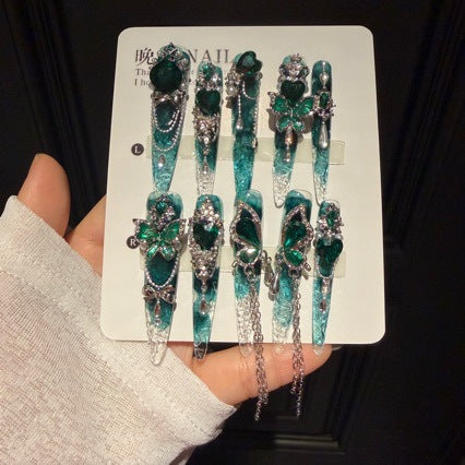Handmade Teal Gradient Clear Long Stiletto Press On Nails with Emerald Green Butterfly & Heart Crystal Charms