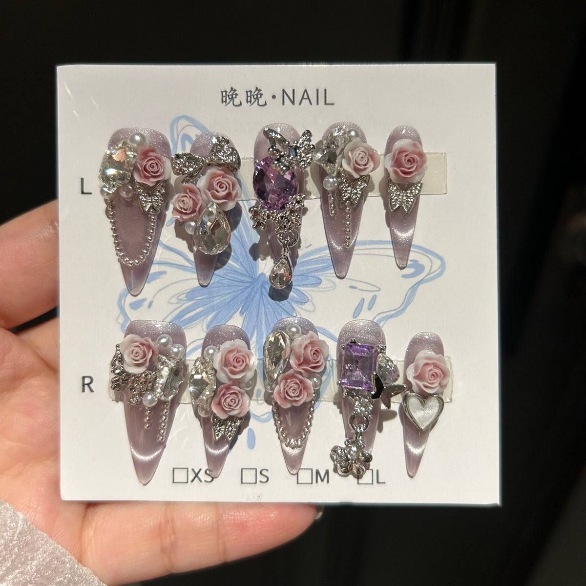 Dusty Pink & Purple Cat Eye Stiletto Press-on Nails with 3D Sculpted Rose, Crystal Gem, and Beaded Chain Charms - Luxury Glam Fake Nail Set