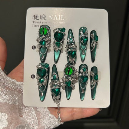 Handmade Emerald Green Cat Eye Long Stiletto Press On Nails with Evil Eye & Large Green Heart Crystal Charms