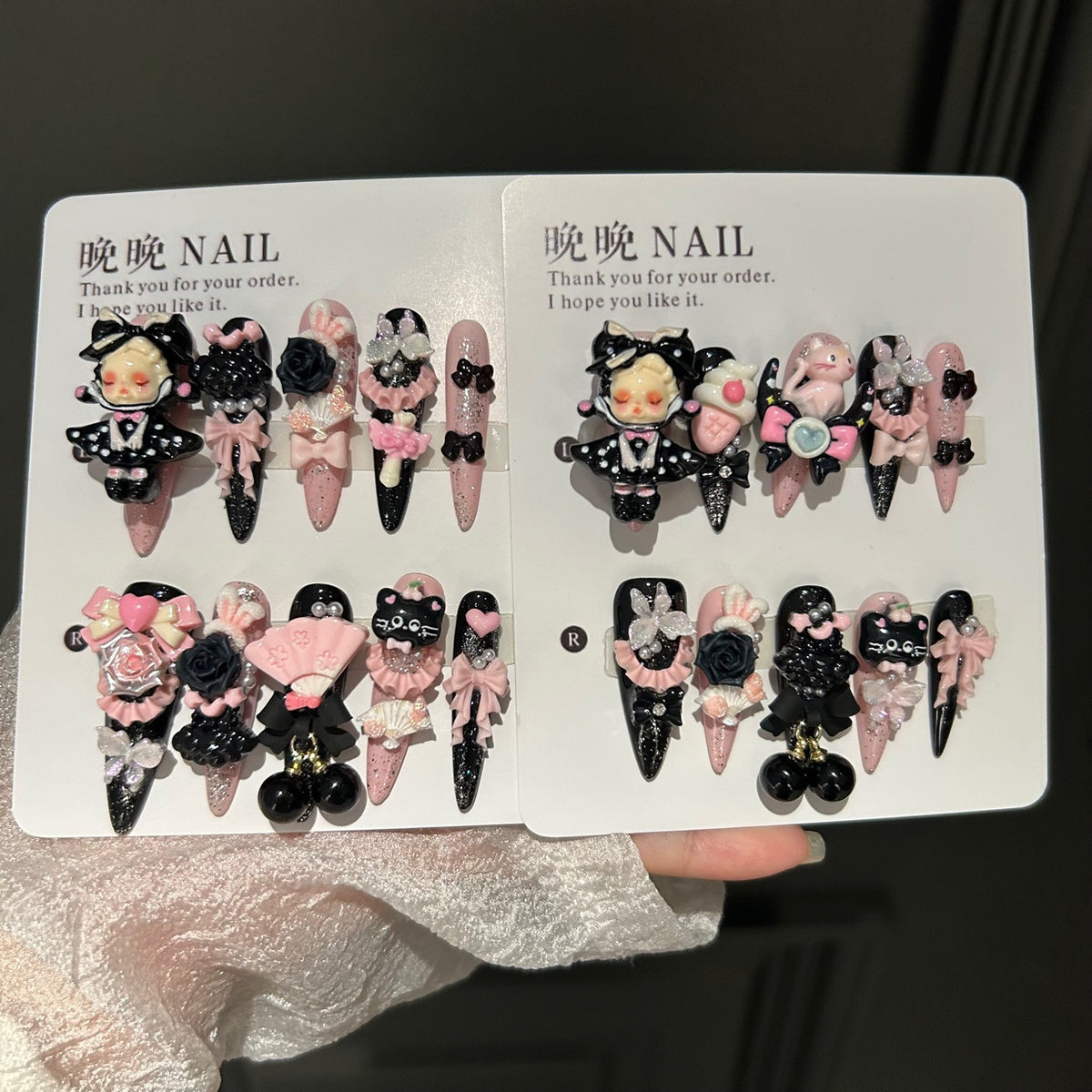 Gothic Black & Pink Cat Eye Stiletto Press-on Nails with 3D Doll Figurine, Black Rose, Cute Cat, Folding Fan, and Cherry Charm - Y2K Sweet Cool Fake Nail Set