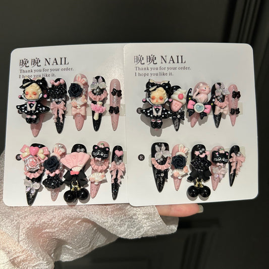 Gothic Black & Pink Cat Eye Stiletto Press-on Nails with 3D Doll Figurine, Black Rose, Cute Cat, Folding Fan, and Cherry Charm - Y2K Sweet Cool Fake Nail Set