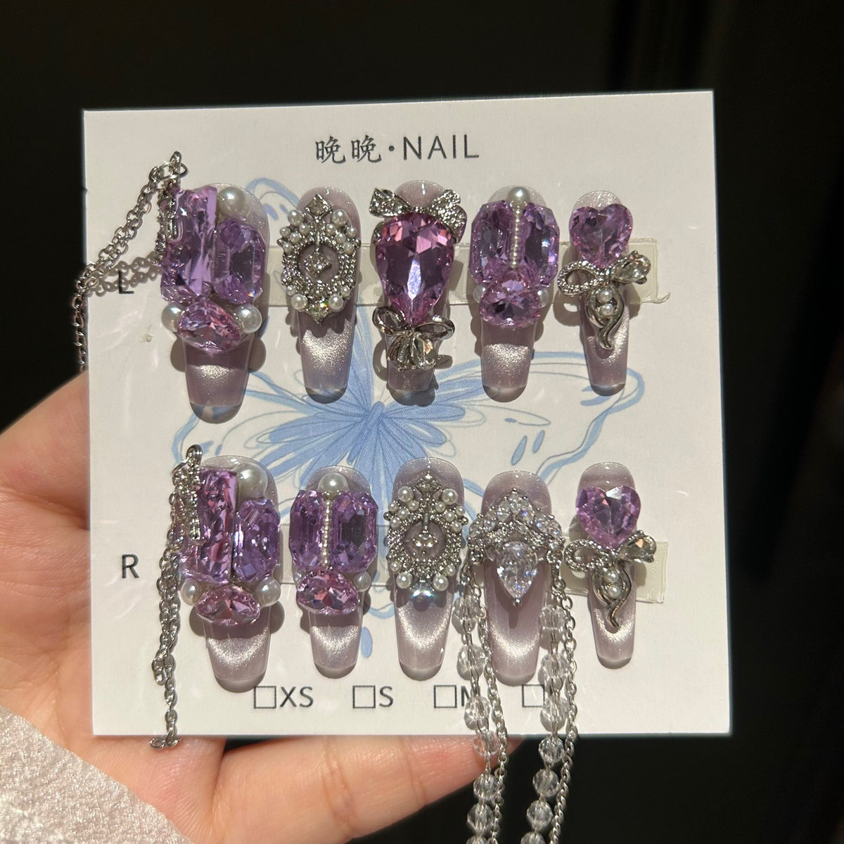 Handmade Light Lavender Cat Eye Long Coffin Press On Nails with Giant Purple Heart & Rectangle Crystals, Silver Rhinestone Bow Charms, Pearls & Dangling Chains