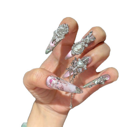 Handmade Pink Cat Eye Cameo Portrait Anime Print Long Stiletto Press On Nails with Silver Rhinestone & Pearl Charms