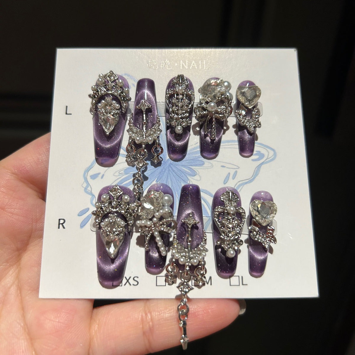 Handmade Purple Cat Eye Long Coffin Press On Nails with Silver Rhinestone Crown, Bow & Heart Crystal Charms, Pearls & Dangling Chains