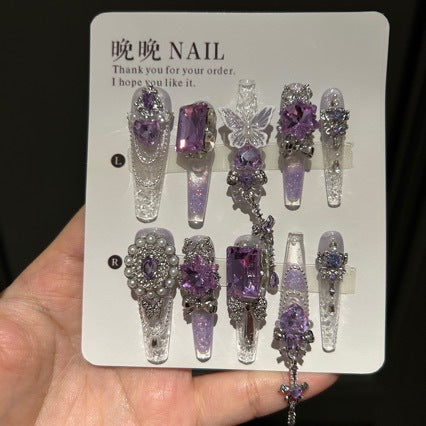 Handmade Clear Glitter Lavender Gradient Long Coffin Press On Nails with Purple Crystal & 3D Butterfly Charms