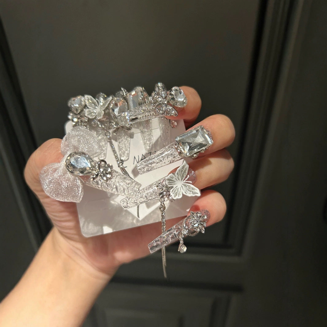 Handmade Clear Silver Glitter Butterfly Long Stiletto Press On Nails with Lace Bow & Rhinestone Chains