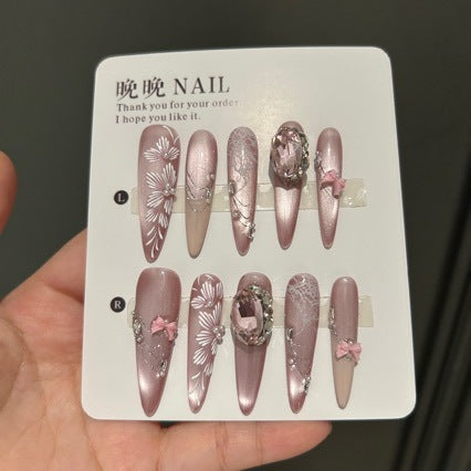 Fairy Core Bridal Luxury Glam Press-on Nails - Long Stiletto with Nude Shimmer Base, Large Crystal and 3D Floral Accents