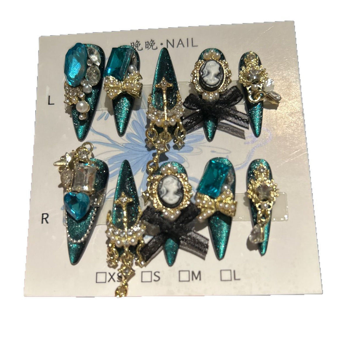 Handmade Teal Cat Eye Long Stiletto Press On Nails with Giant Blue Crystals, Vintage Cameo, Gold Filigree & Black Bows